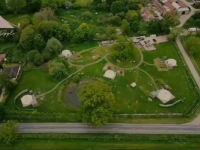 Aerial view of glamping site